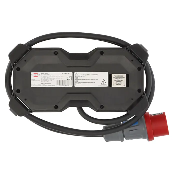 Brennenstuhl Stromverteiler Stromstation CEE IP44 - Anzahl CEE-Steckdosen: 1 Stk., Anzahl Steckdosen Schuko: 3 Stk. - Dunkelgraue Stromverteilerbox mit einem darumgewickelten schwarzen Kabel und einem roten CEE-Stecker.
