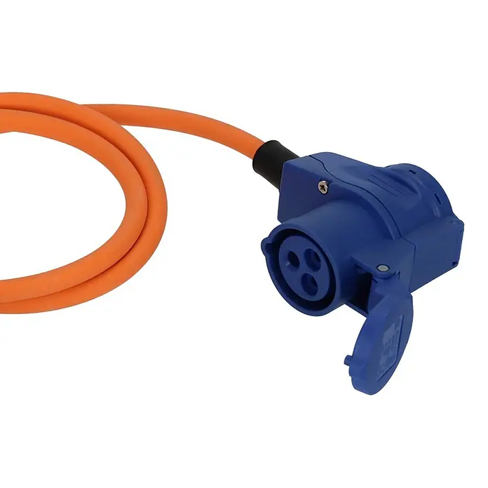 Brennenstuhl Verlängerungskabel CEE-Stecker und Winkelkupplung Schutzkontakt - 10 m, IP44, H07RN-F - Oranges Industriestromkabel mit blauer 3-poliger CEE-Steckdose.