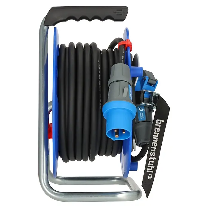 Brennenstuhl Kabeltrommel Garant G CEE IP44 Camping - Kunststoff, 25 m, H07RN-F, IP44 - Schwarze Schwerlast-Kabeltrommel mit blauen und grauen Steckern auf silbernem Metallrahmen.