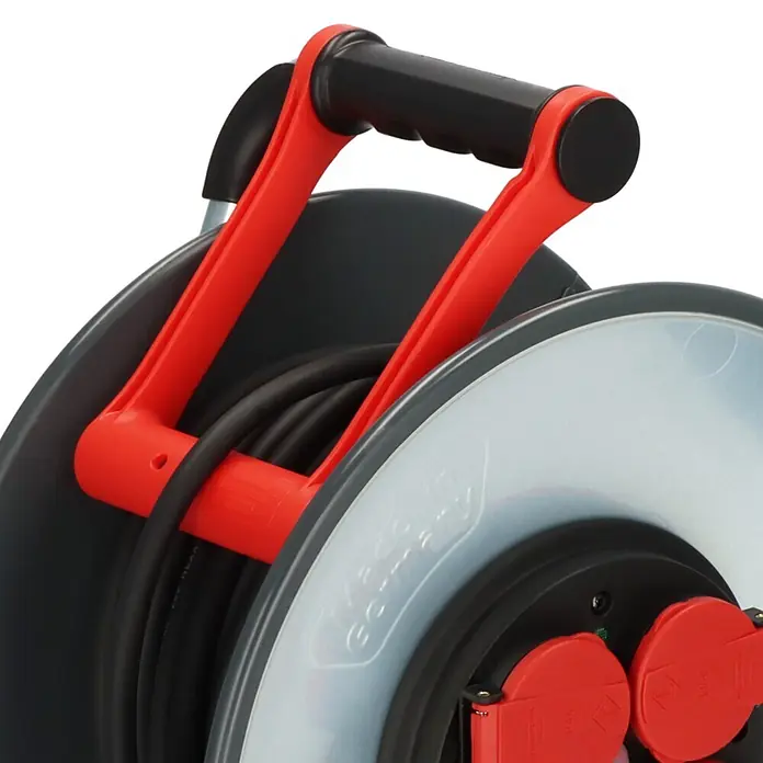 Brennenstuhl Kabeltrommel SC 4100 - Stahlblech, 40 m, H07RN-F, IP44 - Graue Kabeltrommel mit schwarzem Kabel, rotem Griff und roten IP44-Steckdosen, beschriftet "Made in Germany".