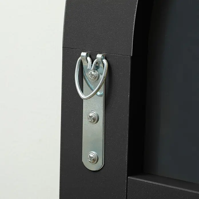 Homcom Standspiegel - Schwarz, Glas - Silberfarbene Metall-D-Ring-Aufhängung mit Schrauben an dunklem Rahmen befestigt.