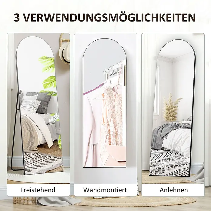 Homcom Standspiegel - Schwarz, Glas - Schwarzer Bogen-Spiegel mit 3 Verwendungsarten: freistehend, wandmontiert und anlehnend.