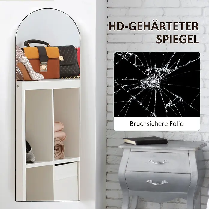 Homcom Standspiegel - Schwarz, Glas - Hoher, schwarz gerahmter Bogen-Spiegel mit gehärtetem und bruchsicherem Sicherheitsglas.