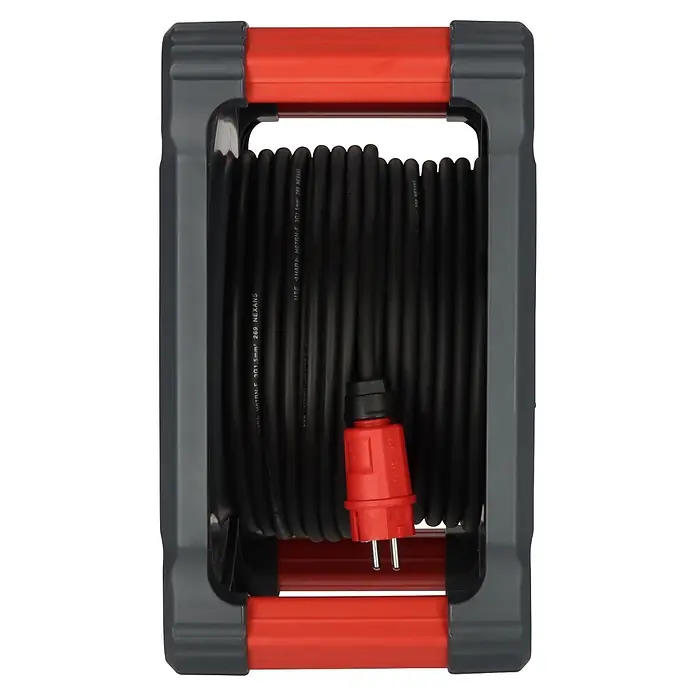 Brennenstuhl Kabeltrommel KA 3100 5 - Kunststoff, 33 m, H07RN-F, IP44 - Schwarzes Verlängerungskabel auf grauer und roter Kabeltrommel mit rotem Stecker.