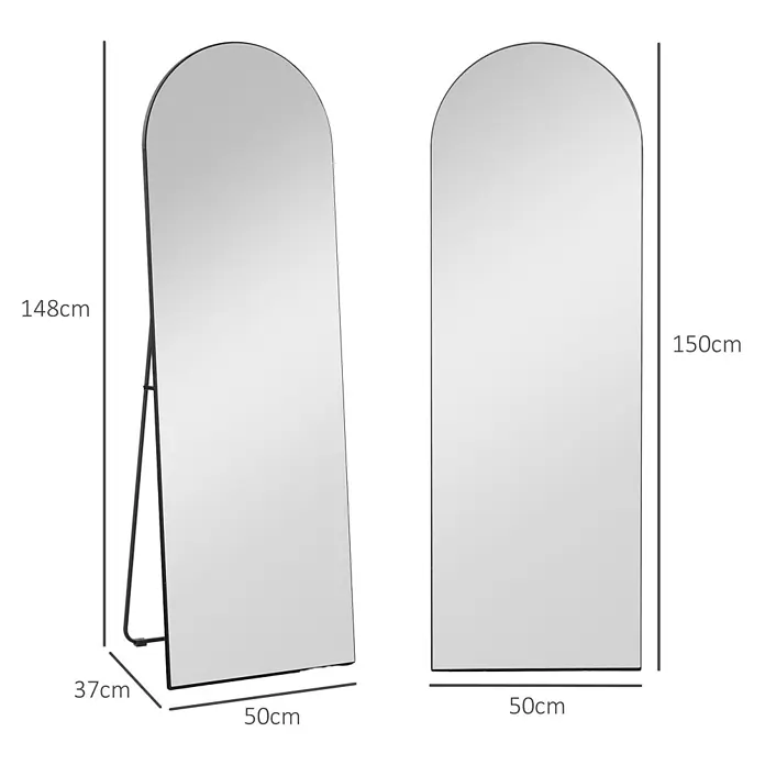 HOMCOM-Ganzkörperspiegel-50L x 3,6B x 150H cm-Schwarz -  - Schwarzer, gewölbter Ganzkörperspiegel, 50x150cm, freistehend und wandmontiert dargestellt.