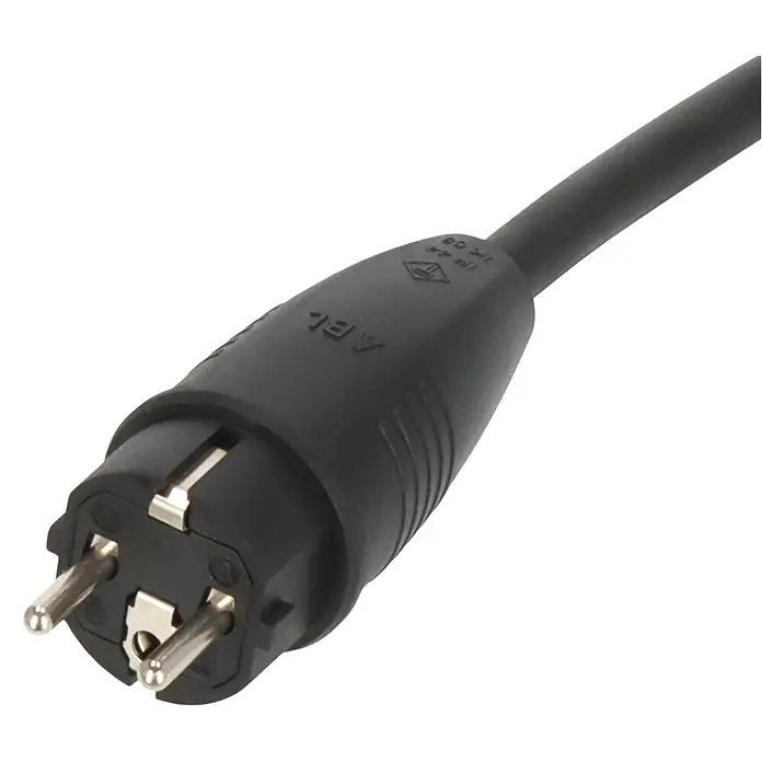 Brennenstuhl Verlängerungskabel Camping-Adapterkabel CEE-Kupplung Schutzkontakt - 1,5 m, IP44, H07RN-F - Schwarzer Schutzkontaktstecker mit zwei Rundstiften, an ein schwarzes Kabel angeschlossen.