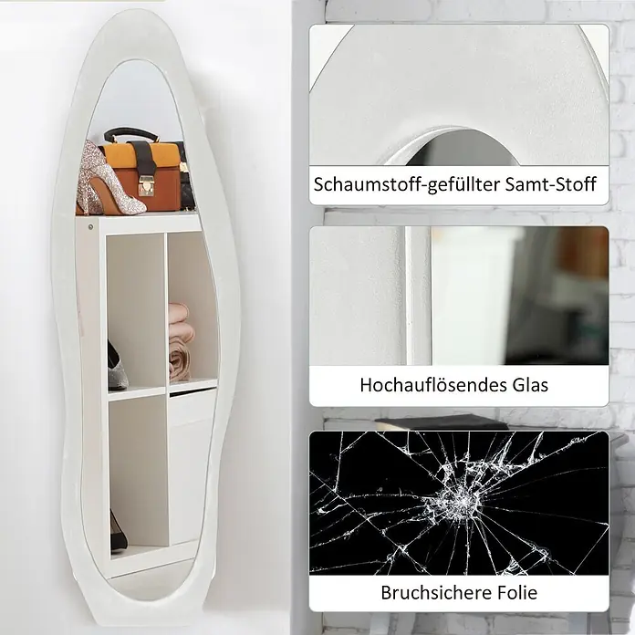 HOMCOM-Ganzkörperspiegel-50L x 4B x 160H cm-Weiß Wellenförmig -  - Ein weißer, samtbezogener Standspiegel mit verstecktem Staufach, hochauflösendem, bruchsicherem Glas.