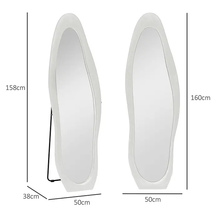 HOMCOM-Ganzkörperspiegel-50L x 4B x 160H cm-Weiß Wellenförmig -  - Zwei unregelmäßig geformte weiße Standspiegel, einer mit Ständer, mit Maßen.