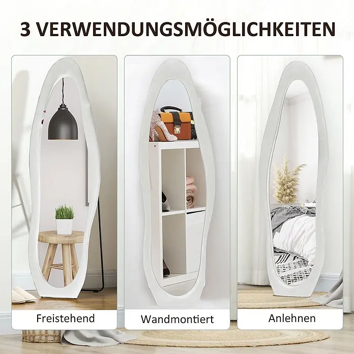 HOMCOM-Ganzkörperspiegel-50L x 4B x 160H cm-Weiß Wellenförmig -  - Ein Ganzkörperspiegel mit welligem weißem Rahmen, freistehend, wandmontiert und angelehnt gezeigt.