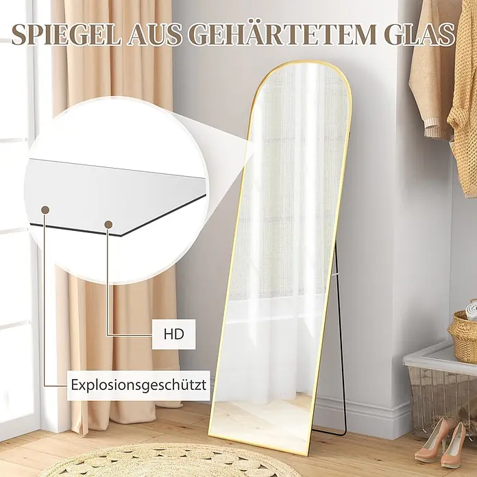 HOMCOM-Ganzkörperspiegel-37L x 37B x 154H cm-Weiß -  - Goldgerahmter Ganzkörperspiegel aus gehärtetem, explosionsgeschütztem Glas, stehend im Raum.