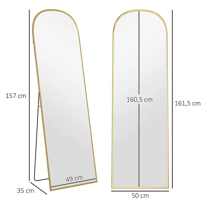HOMCOM-Ganzkörperspiegel-37L x 37B x 154H cm-Weiß -  - Goldgerahmter Bogen-Standspiegel mit Ständer, Maße: 161,5 cm hoch, 50 cm breit, 35 cm tief.