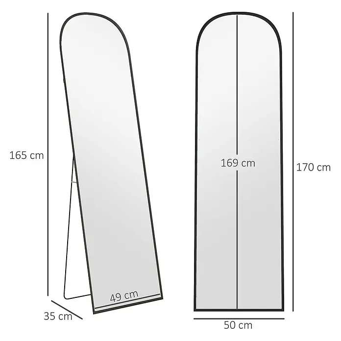 HOMCOM-Ganzkörperspiegel-50L x 1,5B x 170H cm-Schwarz -  - Schwarzgerahmter Standspiegel in Ganzkörpergröße mit Bogenoberteil, freistehend gezeigt mit Stütze und Maßen.