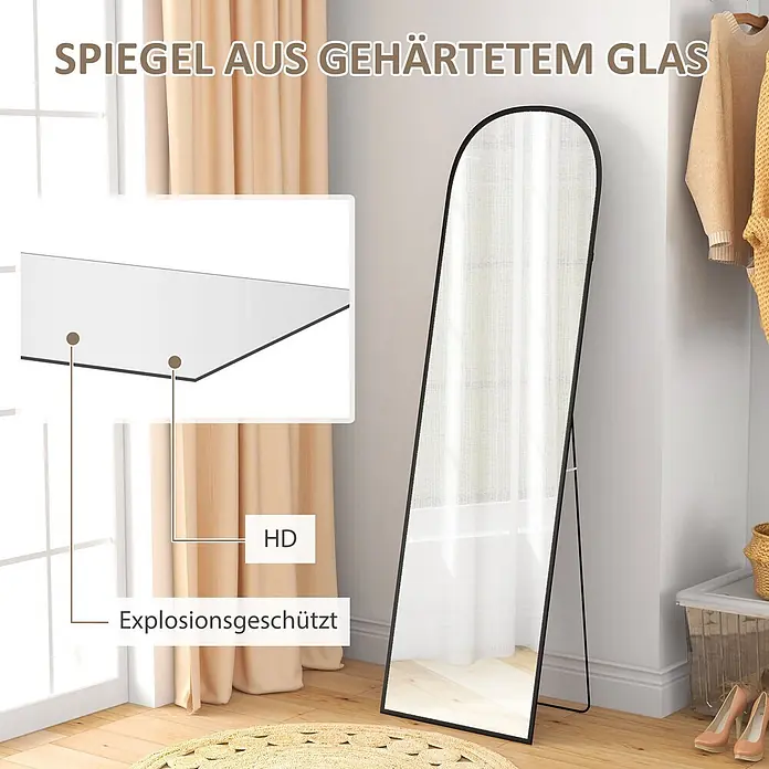 Homcom Standspiegel - Schwarz, Glas - Schwarzer Ganzkörperspiegel aus gehärtetem, explosionsgeschütztem Glas, im Raum stehend.