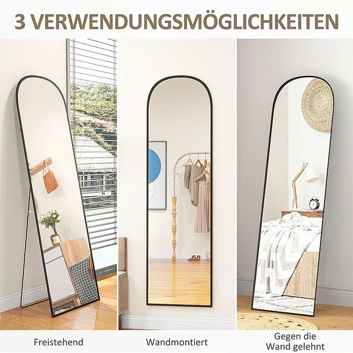 Homcom Standspiegel - Schwarz, Glas - Schwarzer, gewölbter Spiegel mit drei Aufstellungsmöglichkeiten: freistehend, wandmontiert oder angelehnt an die Wand.