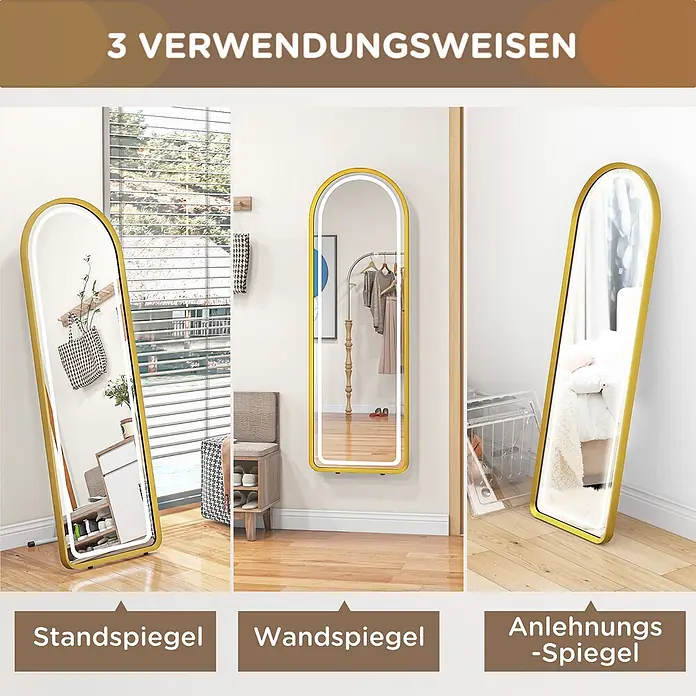 HOMCOM-Ganzkörperspiegel-40L x 5,7B x 150H cm-Transparent -  - Goldgerahmter Ganzkörperspiegel mit LED-Beleuchtung, als Stand-, Wand- und Anlehnspiegel dargestellt, zeigt seine vielseitige Nutzung.