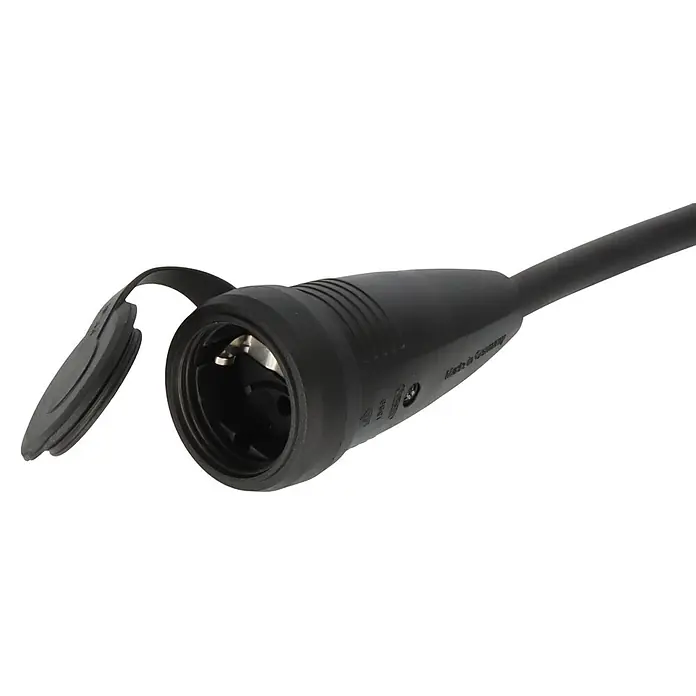 Brennenstuhl Verlängerungskabel Camping-Adapterkabel CEE-Adapter mit CEE-Stecker Schutzkontakt - 1,5 m, IP44, H07RN-F - Schwarzer Stromanschluss mit offener Schutzkappe an einem Kabel.