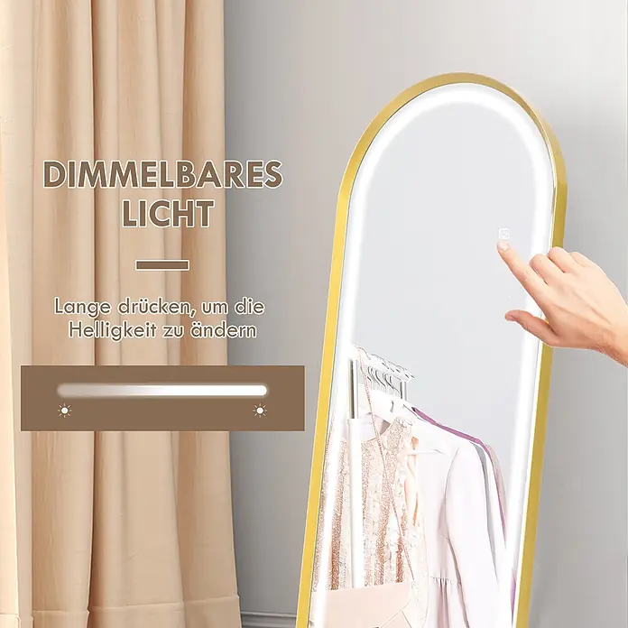 HOMCOM-Ganzkörperspiegel-40L x 5,7B x 150H cm-Transparent -  - Ein goldgerahmter Ganzkörperspiegel mit integriertem dimmbarem LED-Licht. Eine Hand berührt die Steuerung des Spiegels, um die Helligkeit anzupassen.