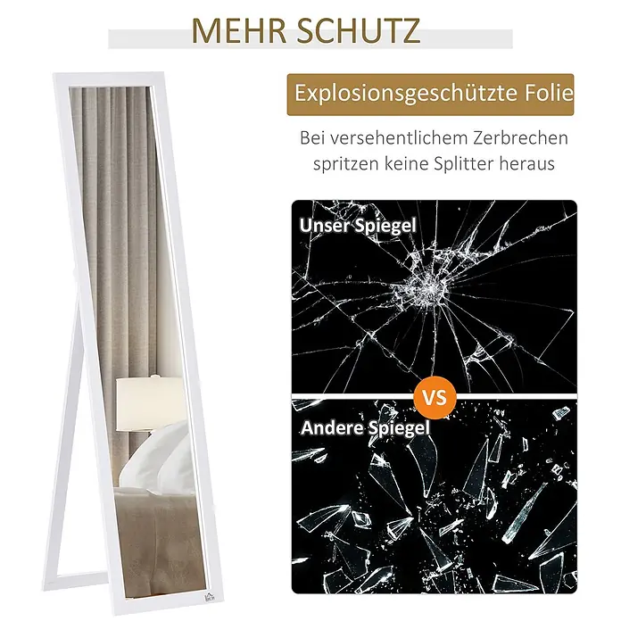 HOMCOM-Ganzkörperspiegel-40L x 3B x 150H cm-Transparent -  - Weißer Standspiegel mit Sicherheitsfolie, die bei Bruch Splitter zurückhält, im Vergleich zu normalen Spiegeln.