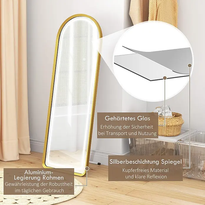HOMCOM-Ganzkörperspiegel-40L x 5,7B x 150H cm-Transparent -  - Beleuchteter Standspiegel mit goldenem Aluminiumrahmen, gehärtetem Glas und silberbeschichteter Oberfläche für klare Reflexion.