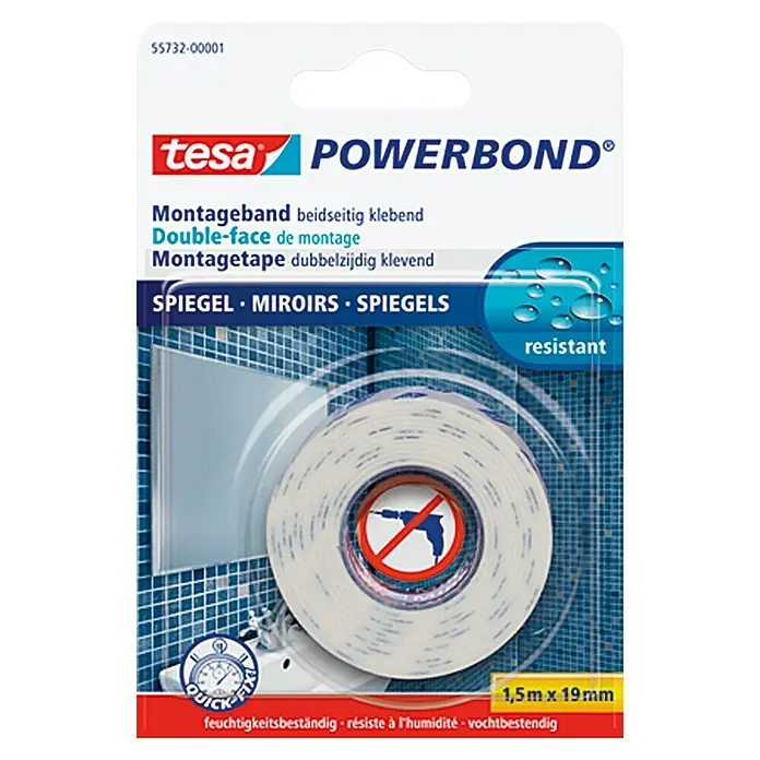 Tesa Powerbond Montageband Spiegel - 1,5 m x 19 mm - Tesa Powerbond Spiegel Montageband, beidseitig klebend, für die Montage von Spiegeln und anderen glatten Oberflächen.