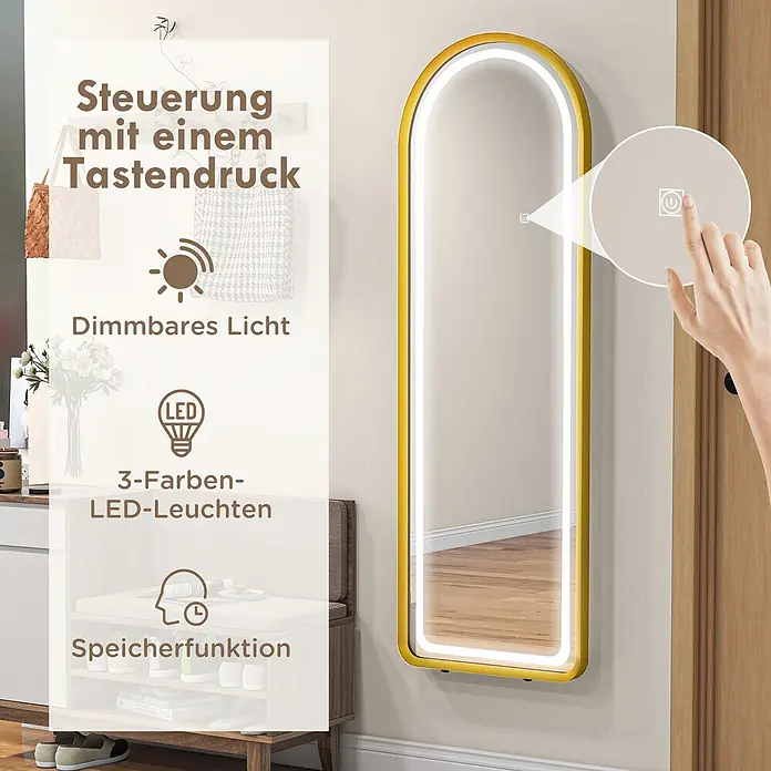 HOMCOM-Ganzkörperspiegel-40L x 5,7B x 150H cm-Transparent -  - Produktdetailbild eines gelb gerahmten LED-Ganzkörperspiegels, der Touch-Steuerung, dimmbares Licht, 3 Farbmodi und Speicherfunktion zeigt.