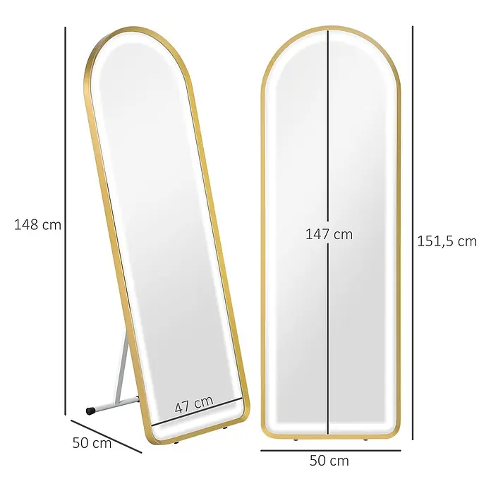HOMCOM-Ganzkörperspiegel-40L x 5,7B x 150H cm-Transparent -  - Freistehender Bogen-Spiegel mit Goldrahmen.