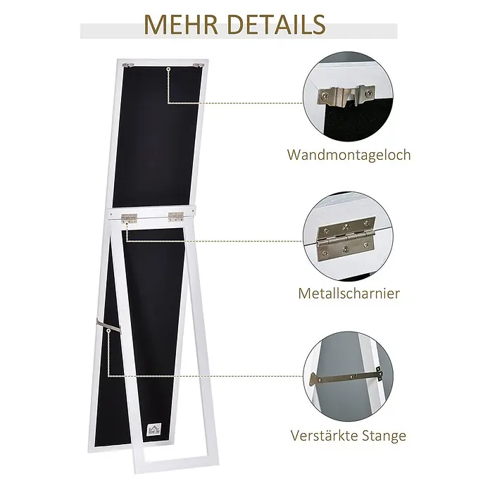 Homcom Standspiegel - Gold, Glas - Weißer Holzspiegel mit Staffeleistand, Detailansicht von Wandhalterung, Metallscharnier und verstärkter Stange.