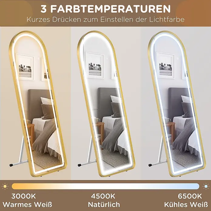 HOMCOM-Ganzkörperspiegel-40L x 5,7B x 150H cm-Transparent -  - Goldgerahmter Ganzkörperspiegel mit LED-Beleuchtung, der warme (3000K), natürliche (4500K) und kühle (6500K) Lichttemperaturen im Schlafzimmer zeigt.