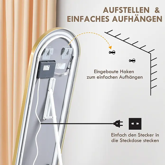 HOMCOM-Ganzkörperspiegel-40L x 5,7B x 150H cm-Transparent -  - Rückseite eines goldgerahmten Spiegels mit integrierten Haken zum Aufhängen, einem Ständer und Netzkabel zum Anschließen.