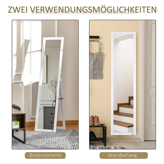 HOMCOM-Ganzkörperspiegel-40L x 3B x 150H cm-Transparent -  - Weißer Ganzkörperspiegel, gezeigt in zwei Anwendungsarten: freistehend und an der Wand montiert.