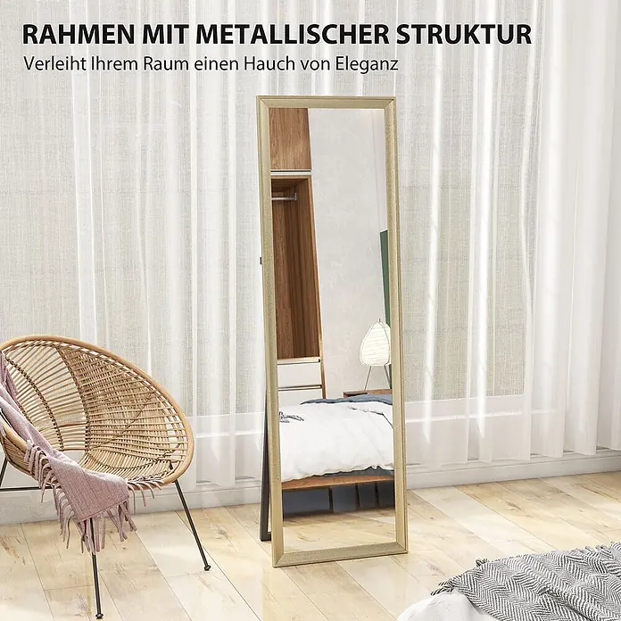 HOMCOM-Ganzkörperspiegel-50L x 1,5B x 161,5H cm-Gold -  - Standspiegel mit metallisch strukturiertem, hellgoldenem Rahmen, in einem Raum stehend.