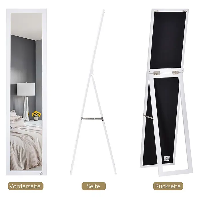 Homcom Standspiegel - Gold, Glas - Weißer Ganzkörperspiegel mit A-Ständer, von vorne, Seite und hinten gezeigt. Die Vorderseite spiegelt ein Schlafzimmer.