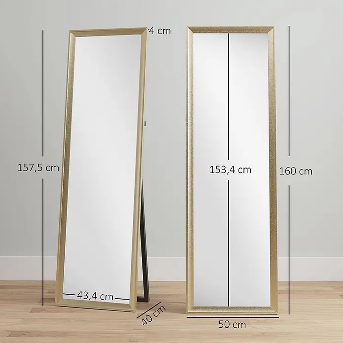 HOMCOM-Ganzkörperspiegel-50L x 1,5B x 161,5H cm-Gold -  - Zwei goldgerahmte Ganzkörperspiegel, einer angelehnt, einer stehend, mit Maßen: 160 cm hoch, 50 cm breit, 4 cm tief. Spiegelfläche 153,4 cm.