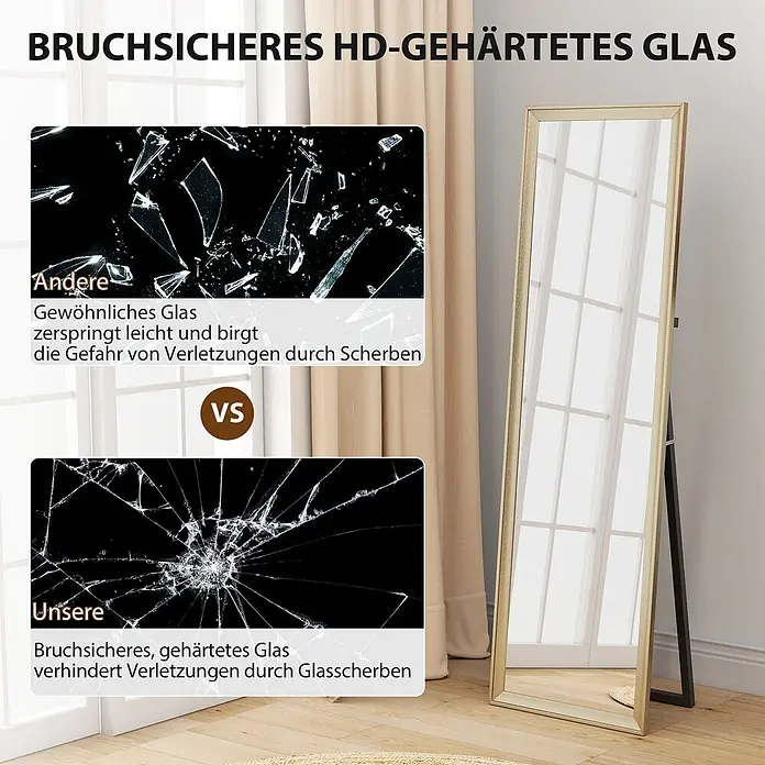 HOMCOM-Ganzkörperspiegel-50L x 1,5B x 161,5H cm-Gold -  - Goldgerahmter Ganzkörperspiegel mit bruchsicherem HD-gehärtetem Glas.