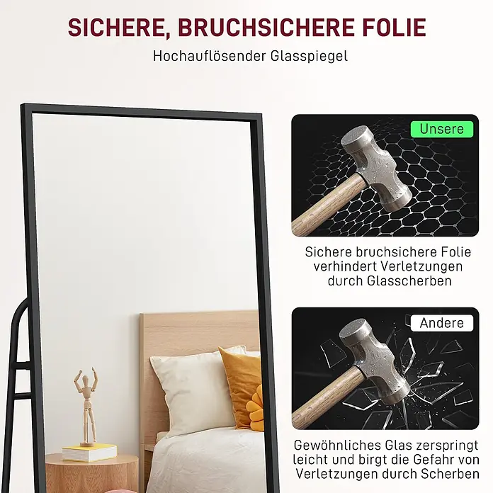 HOMCOM-Ganzkörperspiegel-50L x 4B x 160H cm-Gold -  - Großer, schwarz gerahmter Spiegel mit bruchsicherer Folie, schützt vor Glasscherben.