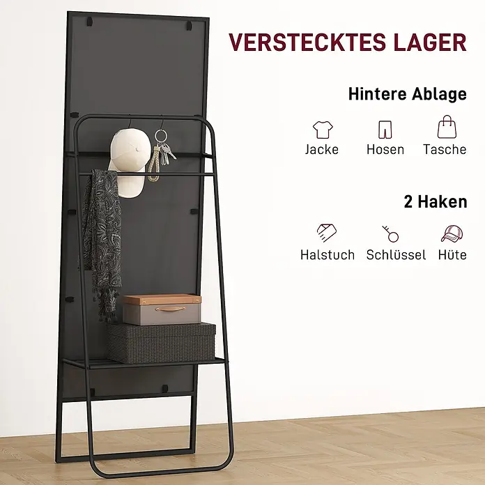 HOMCOM-Ganzkörperspiegel-50L x 4B x 160H cm-Gold -  - Schwarzer Spiegel mit verstecktem Stauraum, Regalen und Haken für Kleidung, Hüte, Schlüssel.