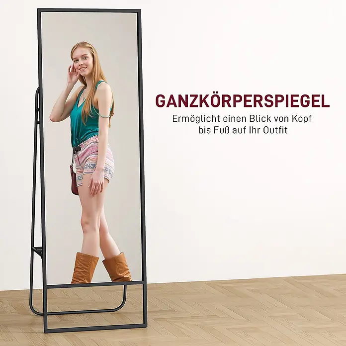 HOMCOM-Ganzkörperspiegel-50L x 4B x 160H cm-Gold -  - Schwarz umrahmter Ganzkörperspiegel mit Standfuß, der ein Outfit von Kopf bis Fuß widerspiegelt.