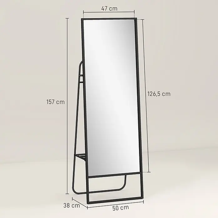 HOMCOM-Ganzkörperspiegel-50L x 4B x 160H cm-Gold -  - Standspiegel mit schwarzem Metallrahmen und integriertem Ständer, Maße sind angezeigt.