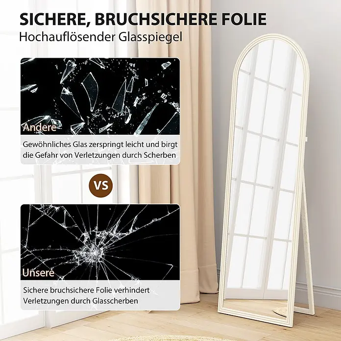 Homcom Standspiegel - Weiß, Glas - Stehender cremefarbener Bogenspiegel; eine Einblendung zeigt, wie seine bruchsichere Folie gefährliche Glasscherben verhindert.