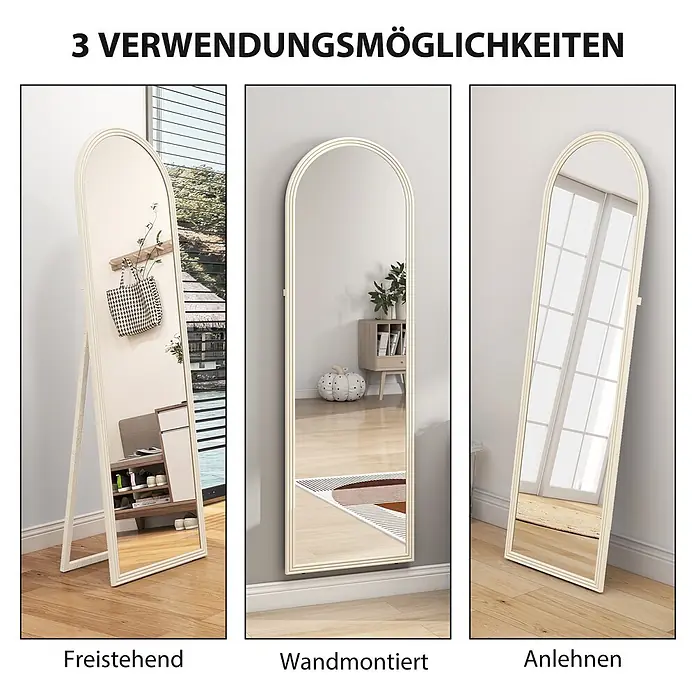 Homcom Standspiegel - Weiß, Glas - Cremefarbener Ganzkörperspiegel mit Bogenrahmen, in drei Verwendungsarten: freistehend, wandmontiert, angelehnt.