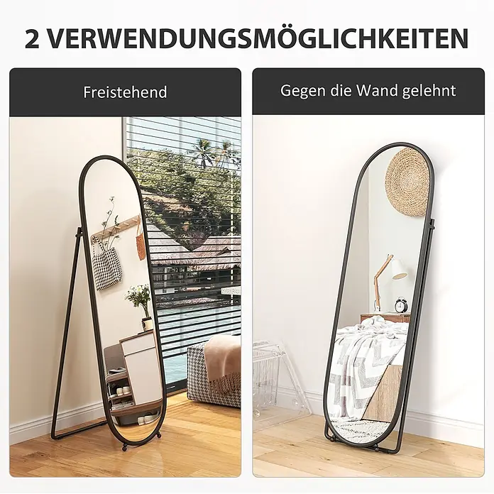 Homcom Standspiegel - Transparent, Glas - Schwarz gerahmter ovaler Ganzkörperspiegel, freistehend und an die Wand gelehnt gezeigt, was seine Vielseitigkeit demonstriert.