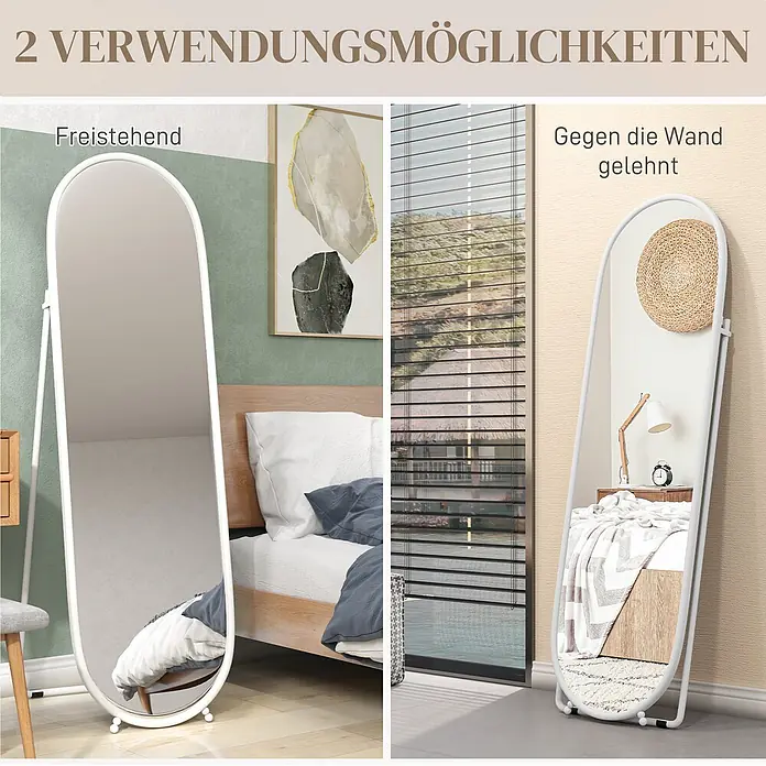 HOMCOM-Ganzkörperspiegel-40L x 3B x 120H cm-Transparent -  - Weißer Standspiegel, freistehend mit Ständer und an die Wand gelehnt dargestellt.