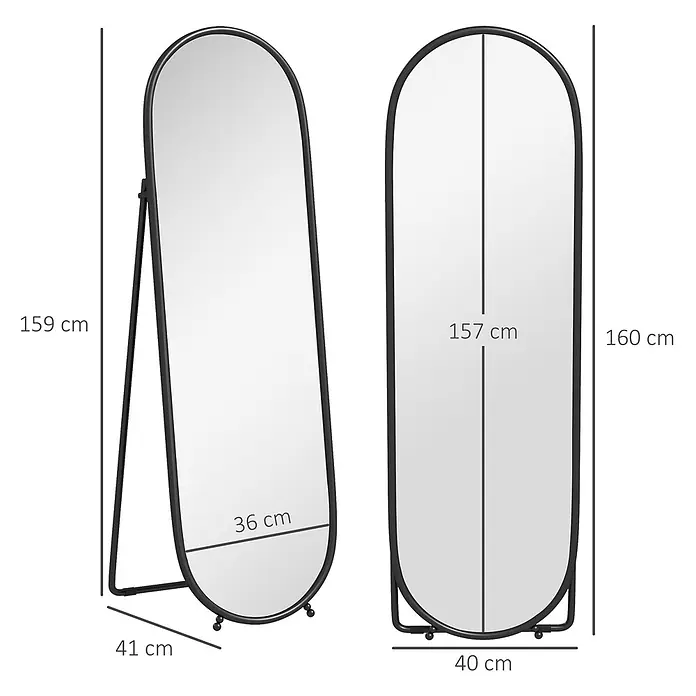 Homcom Standspiegel - Transparent, Glas - Schwarz gerahmter, gewölbter Standspiegel, freistehend und vertikal gezeigt.