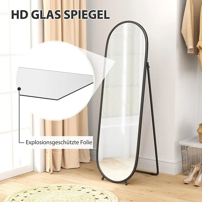 Homcom Standspiegel - Transparent, Glas - Ovaler Standspiegel mit schwarzem Rahmen, HD-Glas und Splitterschutzfolie.