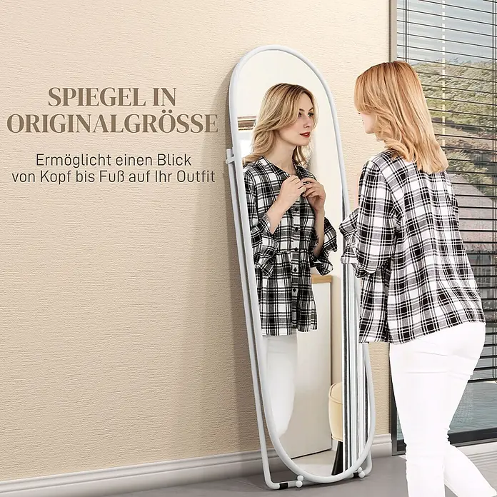 HOMCOM-Ganzkörperspiegel-40L x 3B x 120H cm-Transparent -  - Eine Frau betrachtet ihr Outfit in einem weißen ovalen Standspiegel. Der Spiegel ermöglicht eine Ganzkörperansicht.
