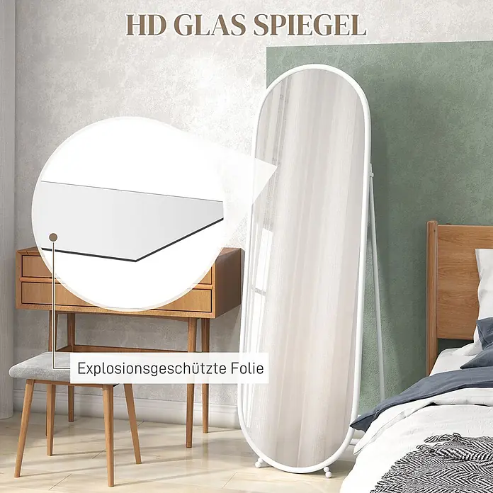 HOMCOM-Ganzkörperspiegel-40L x 3B x 120H cm-Transparent -  - Weiß umrahmter Standspiegel mit HD-Glas und explosionsgeschützter Folie.