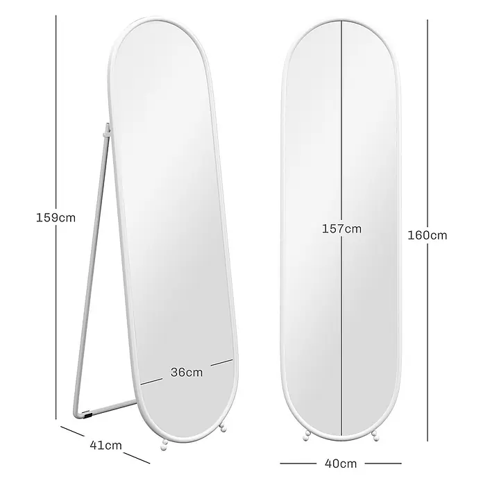 HOMCOM-Ganzkörperspiegel-40L x 3B x 120H cm-Transparent -  - Weißer ovaler Standspiegel mit Maßen.