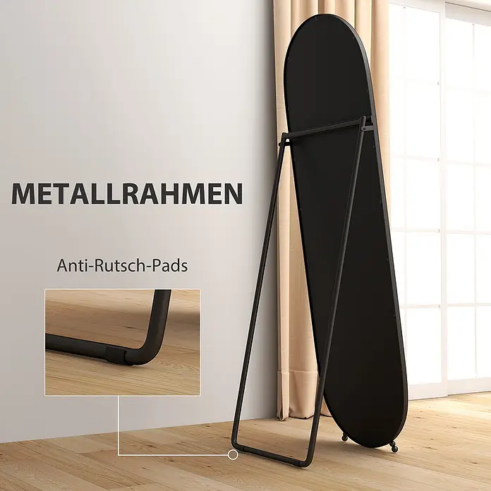 Homcom Standspiegel - Transparent, Glas - Schwarzer Ganzkörperspiegel mit Metallrahmen und stabilem Ständer mit Anti-Rutsch-Pads.