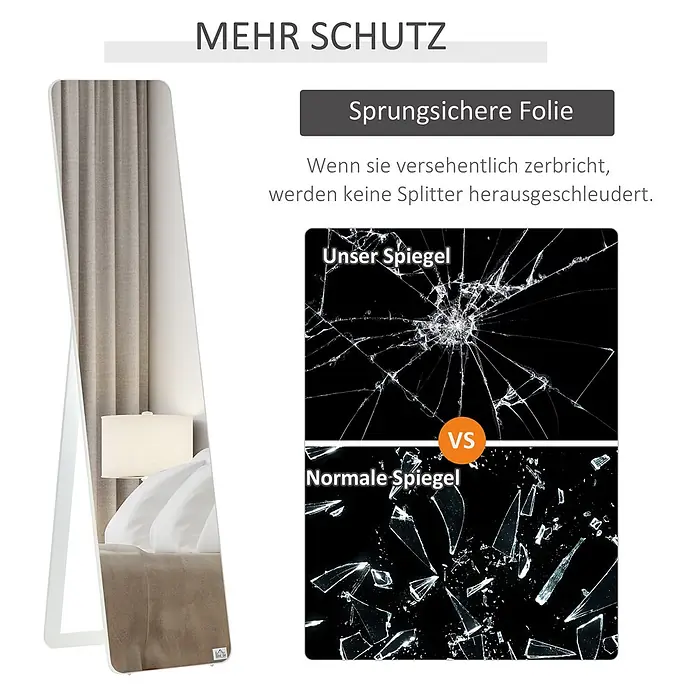 Homcom Standspiegel - Weiß, Glas - Ein bodenlanger Spiegel mit weißem Rahmen, der seine bruchsichere Eigenschaft zeigt: Glas zerspringt, bleibt aber intakt, im Gegensatz zu normalen Spiegeln.