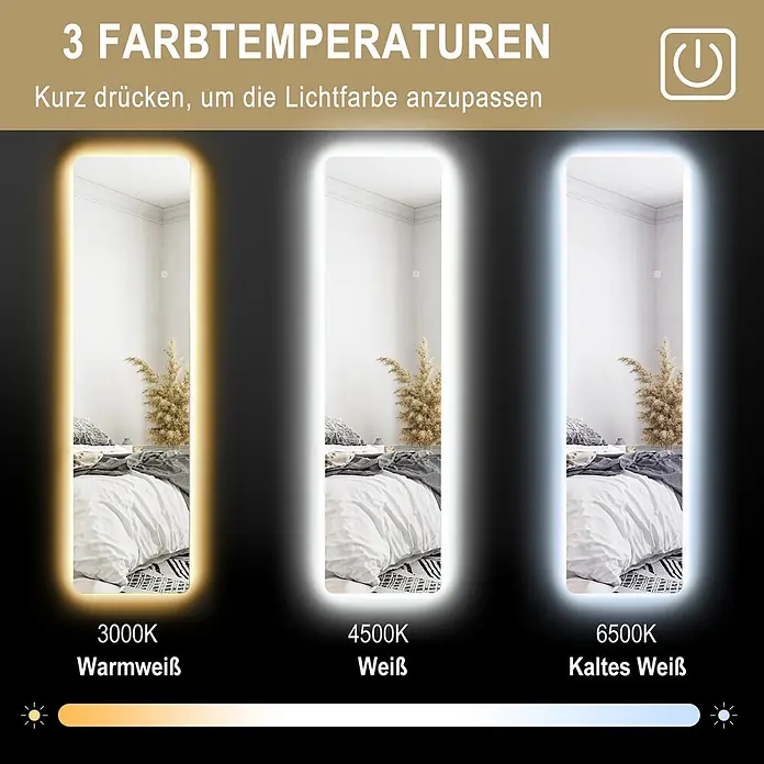 Homcom Standspiegel - Gold, Glas - Beleuchteter Spiegel mit drei Farbtemperaturen: Warmweiß, Neutralweiß und Kaltweiß. Einstellbar per Touch-Taste.
